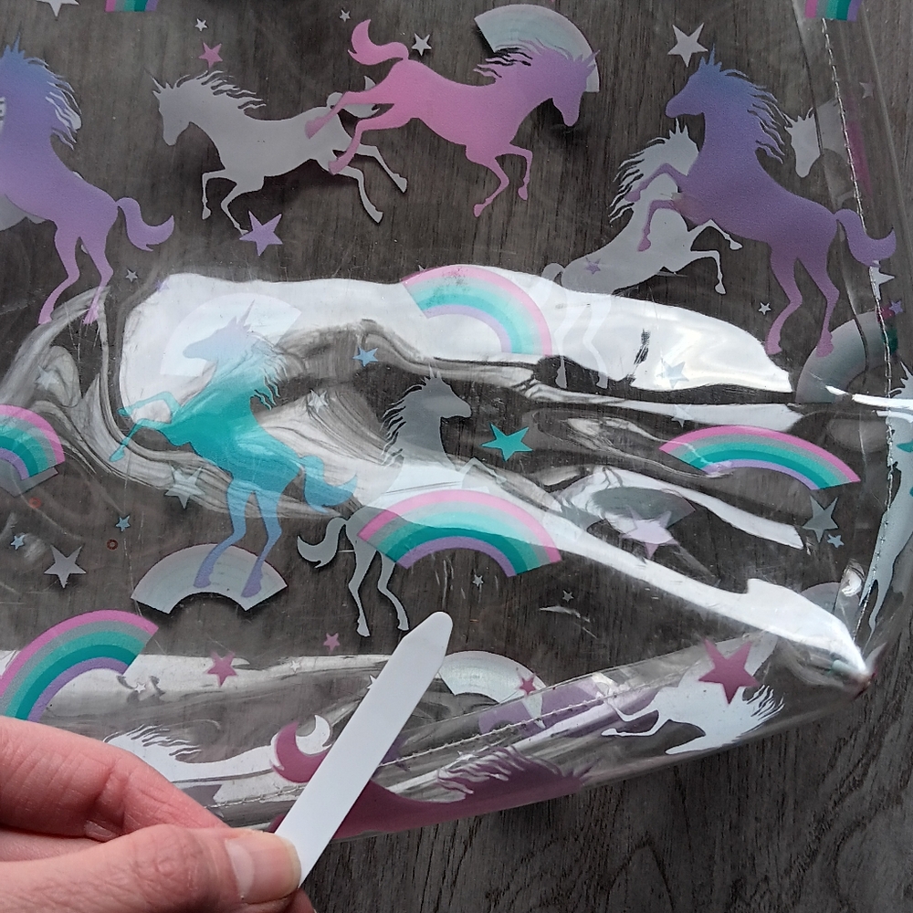 Unicorn Clear Plastic Tote Bag Pink Shoulder Straps Aqua White Purple Rainbows - Picture 9 of 10